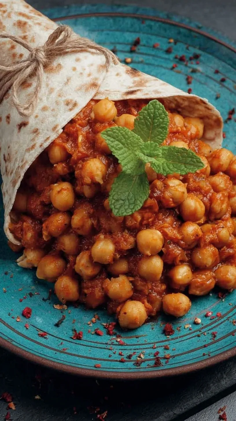 A bowl of dark, rich tea infused chana masala garnished with fresh cilantro