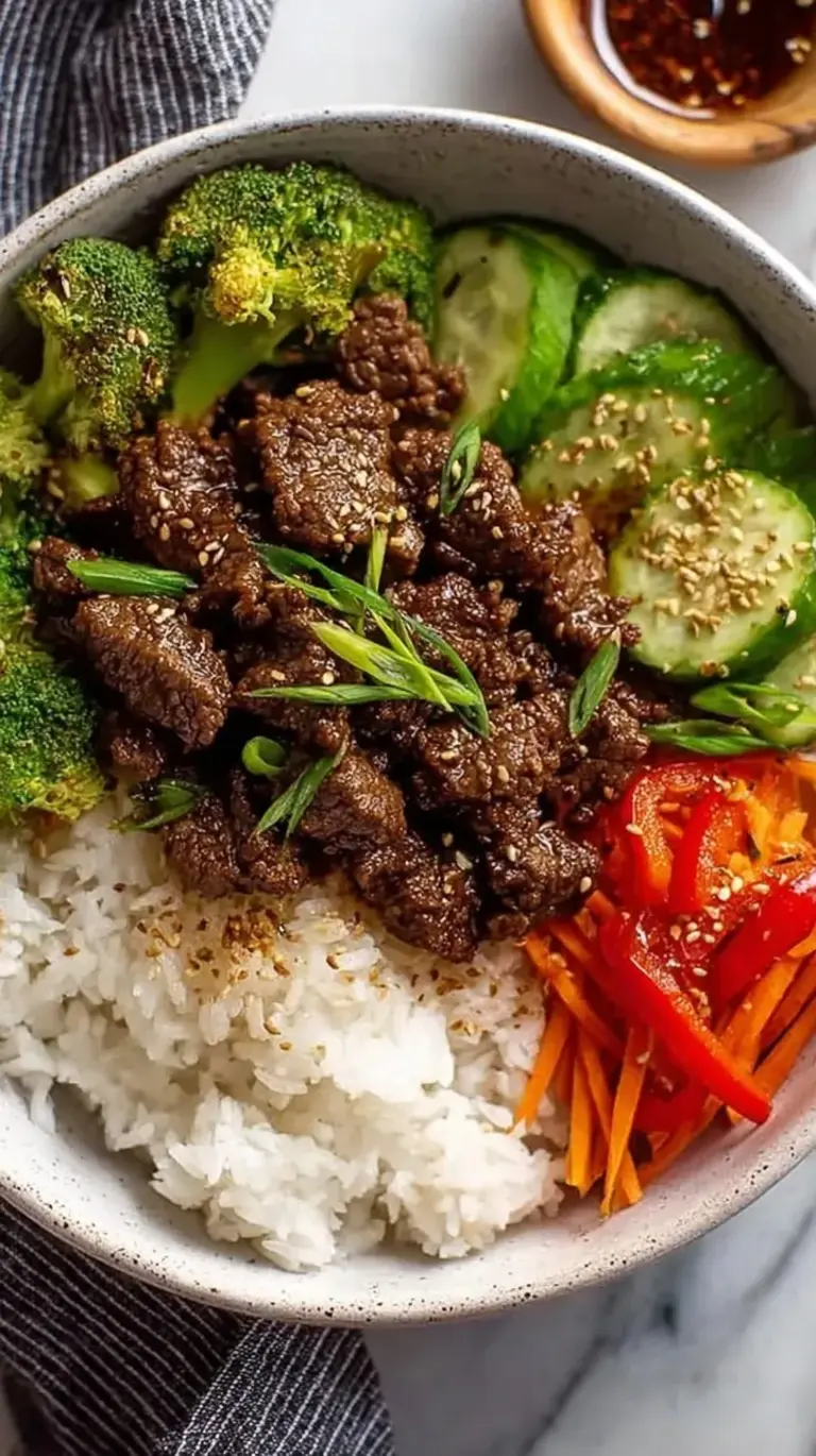 A vibrant Teriyaki Beef Bowl with jasmine rice, steamed broccoli, and sesame seeds.