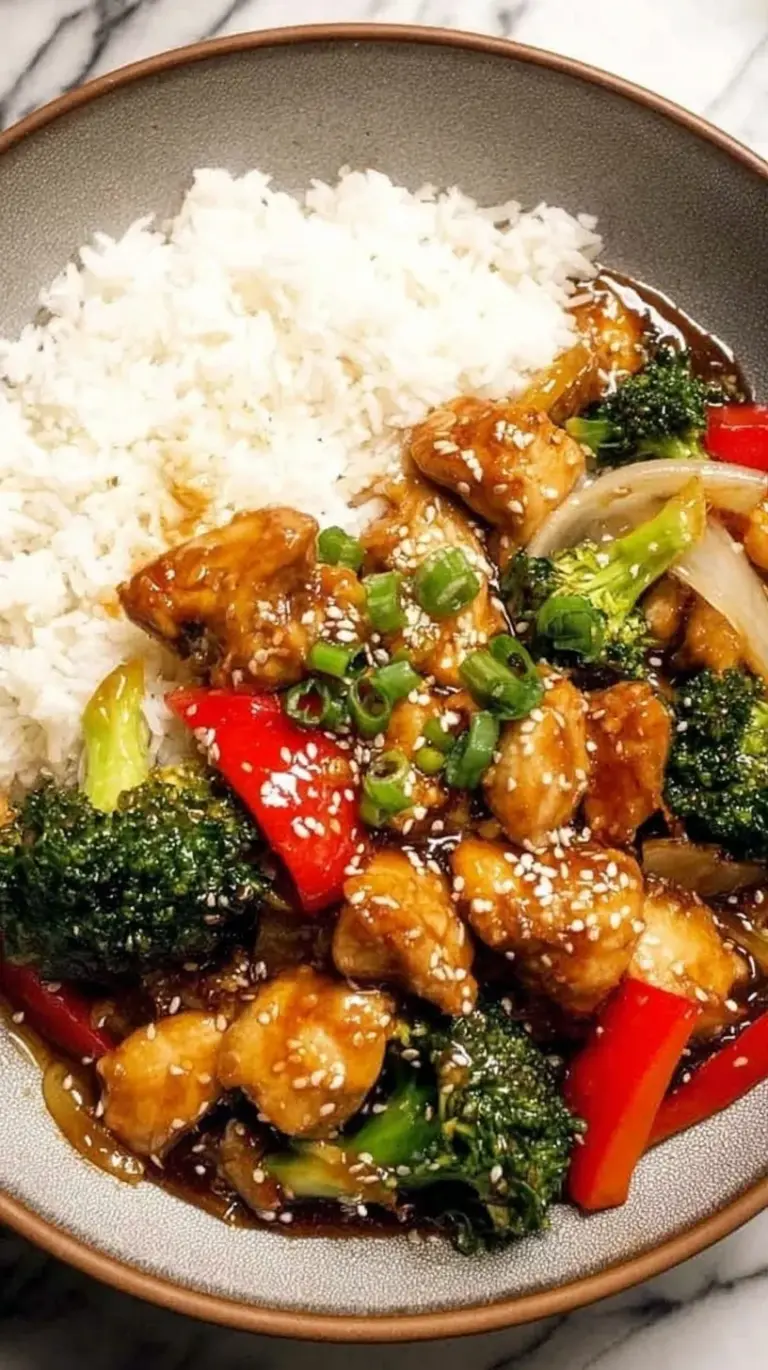 A vibrant bowl of Teriyaki Chicken Stir Fry with broccoli, peppers, and carrots over rice.