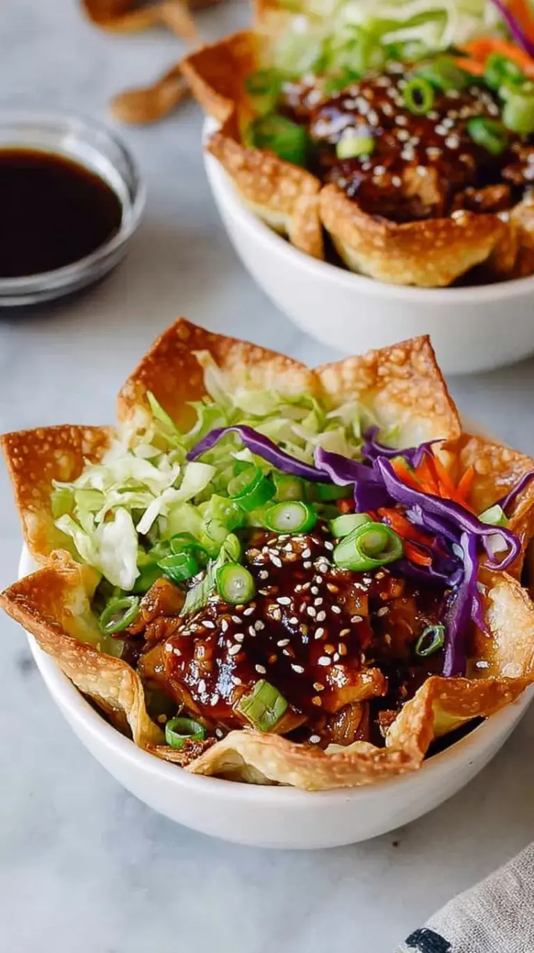 Golden crispy wonton taco bowls filled with glazed teriyaki chicken and fresh green onion garnish