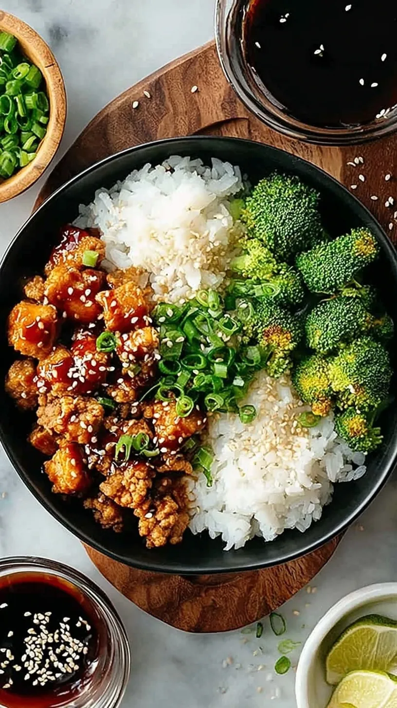 A healthy teriyaki ground turkey bowl with steamed broccoli, jasmine rice, and green onions