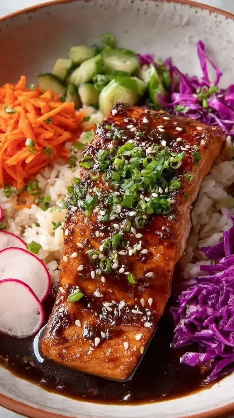 A vibrant teriyaki salmon bowl with crispy seared fish, green broccoli, and orange carrots over white rice.