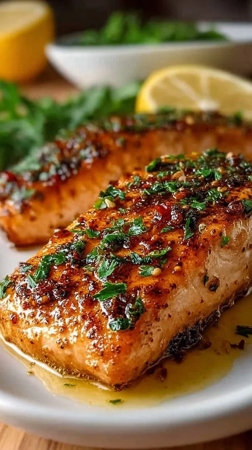 Grilled salmon fillet with a golden spice crust and melted lemon pepper butter on a white plate.