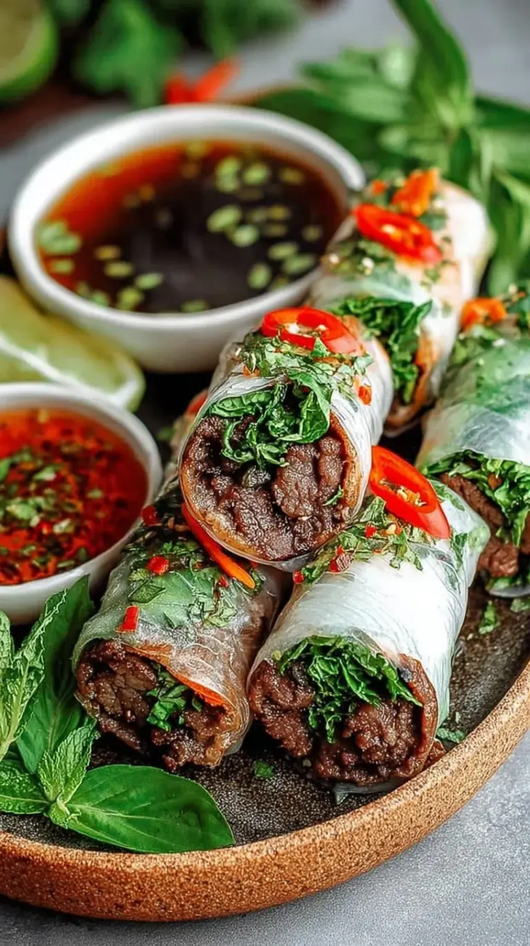 Savory seared Thai Basil Beef Rolls glazed in a dark sauce on a white platter