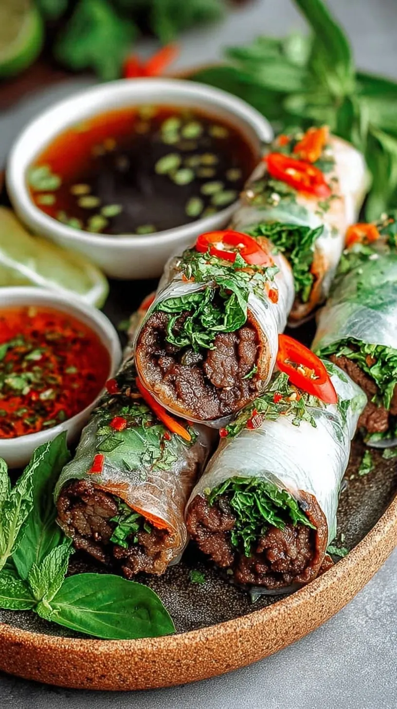 Savory seared Thai Basil Beef Rolls glazed in a dark sauce on a white platter