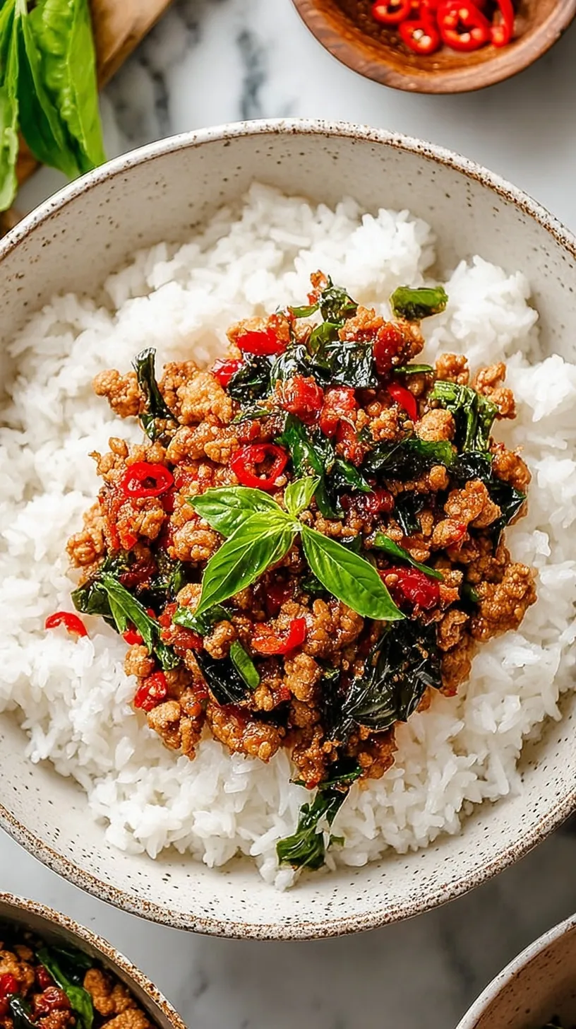 A plate of Thai Basil Chicken served over jasmine rice with a crispy fried egg on top.