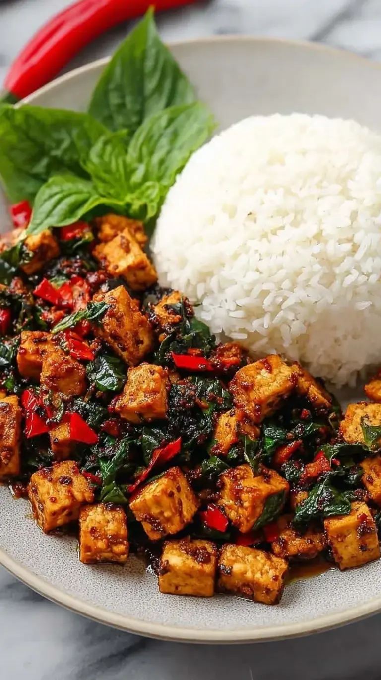 Golden cubes of seared tofu tossed with fresh green holy basil and red chilies in a glossy sauce
