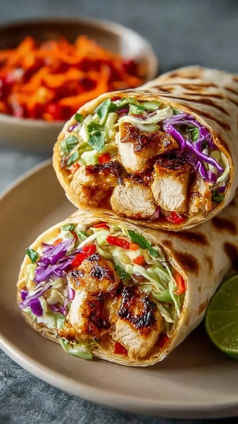 A sliced Thai chicken wrap showing colorful slaw and peanut sauce