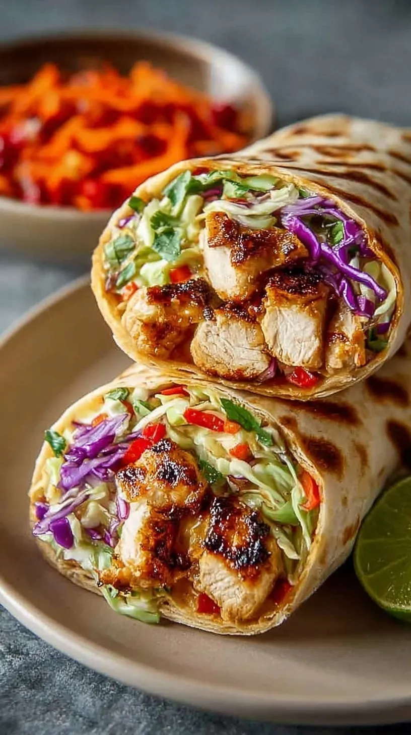 A sliced Thai chicken wrap showing colorful slaw and peanut sauce