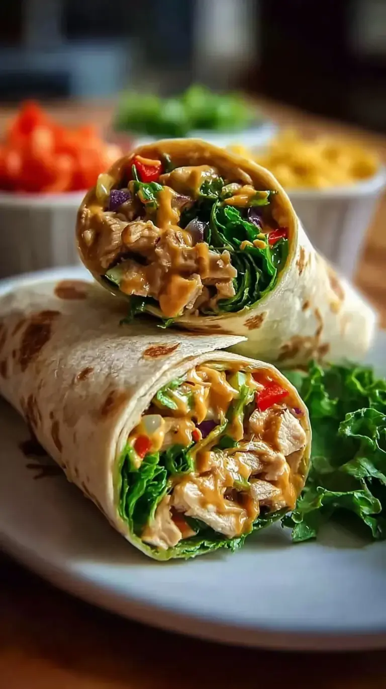 Four sliced Thai Peanut Chicken Wraps showing colorful vegetables and shredded chicken on a white plate.