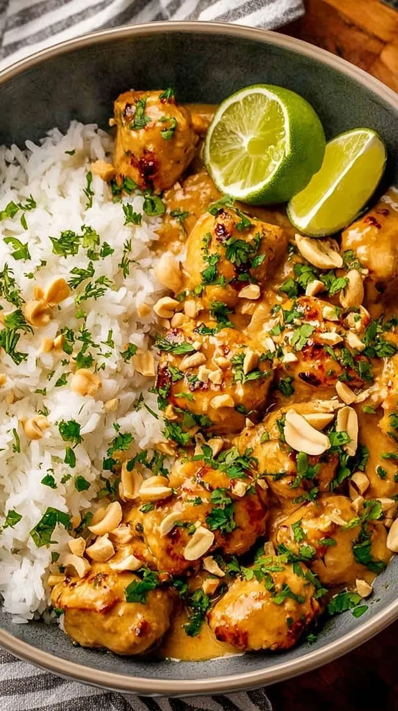 A skillet of creamy Thai Peanut Chicken with red peppers and cilantro