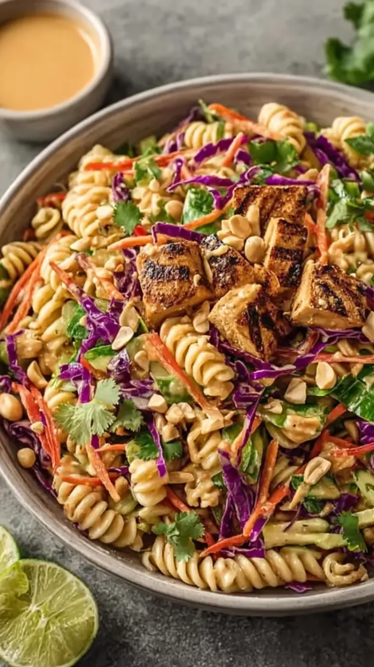 A colorful Thai Peanut Protein Pasta Salad in a large bowl with red cabbage, edamame, and creamy peanut sauce.