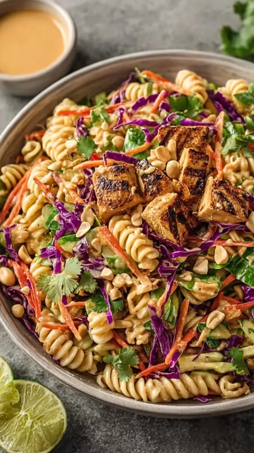 A colorful Thai Peanut Protein Pasta Salad in a large bowl with red cabbage, edamame, and creamy peanut sauce.