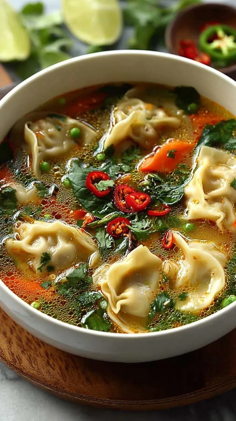 A steaming bowl of Thai potsticker soup with chicken, bok choy, and fresh cilantro garnish.