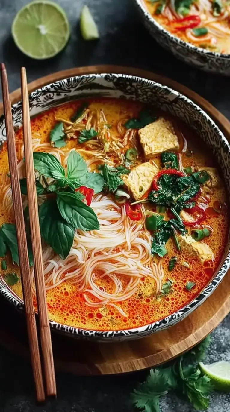 A bowl of Thai Red Curry Noodle Soup with chicken, rice noodles, and fresh cilantro