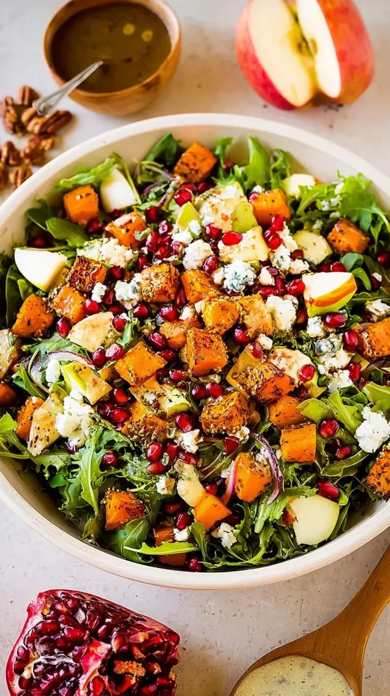 A vibrant harvest thanksgiving salad with roasted butternut squash, pecans, and cranberries in a large bowl.