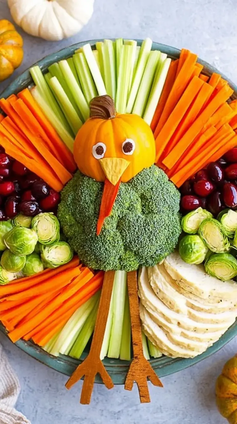 A festive vegetable platter arranged in the shape of a turkey with colorful peppers, broccoli, and carrots.