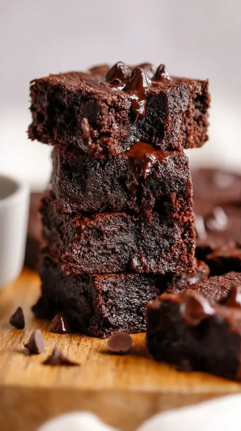 A stack of fudgy protein brownies topped with mini chocolate chips on a parchment-lined tray