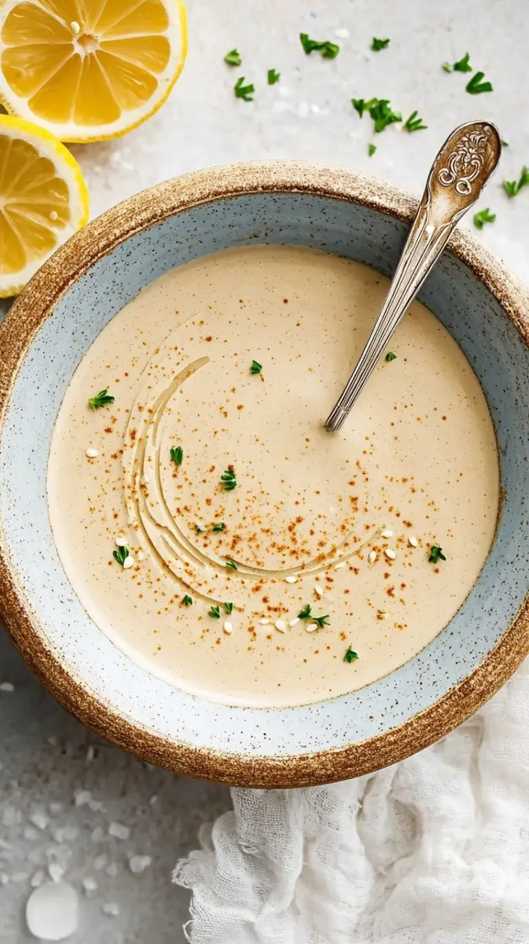 A small white bowl filled with creamy, pale tahini sauce next to a fresh lemon and garlic clove.