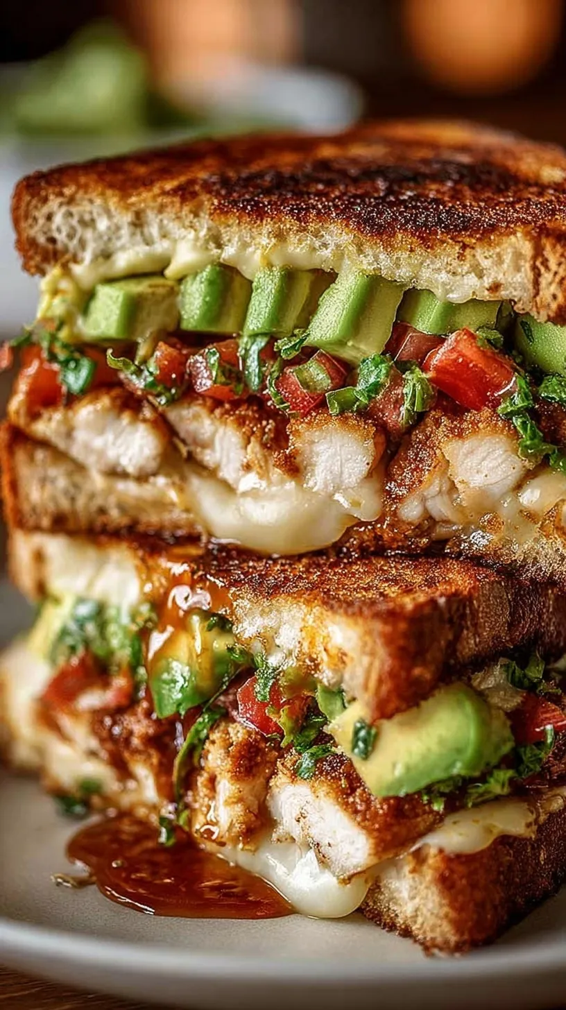 A gourmet chicken avocado sandwich with melted provolone, crispy bacon, and fresh arugula on toasted sourdough bread.