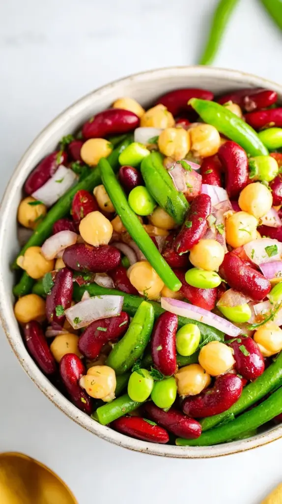 A colorful three bean salad in a glass bowl with green, wax, and kidney beans.