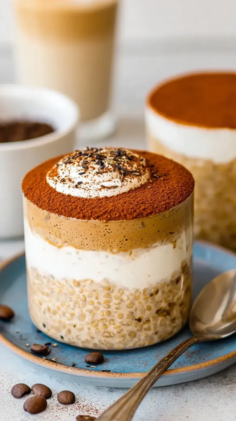 Two jars of Tiramisu Overnight Oats topped with creamy yogurt and a dusting of cocoa powder.