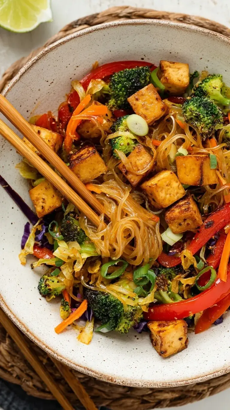 A steaming bowl of tofu cabbage noodle stir-fry with golden tofu and green onions.