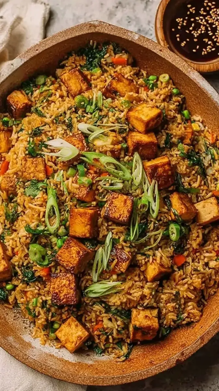 A bowl of golden tofu fried rice with green onions and sriracha