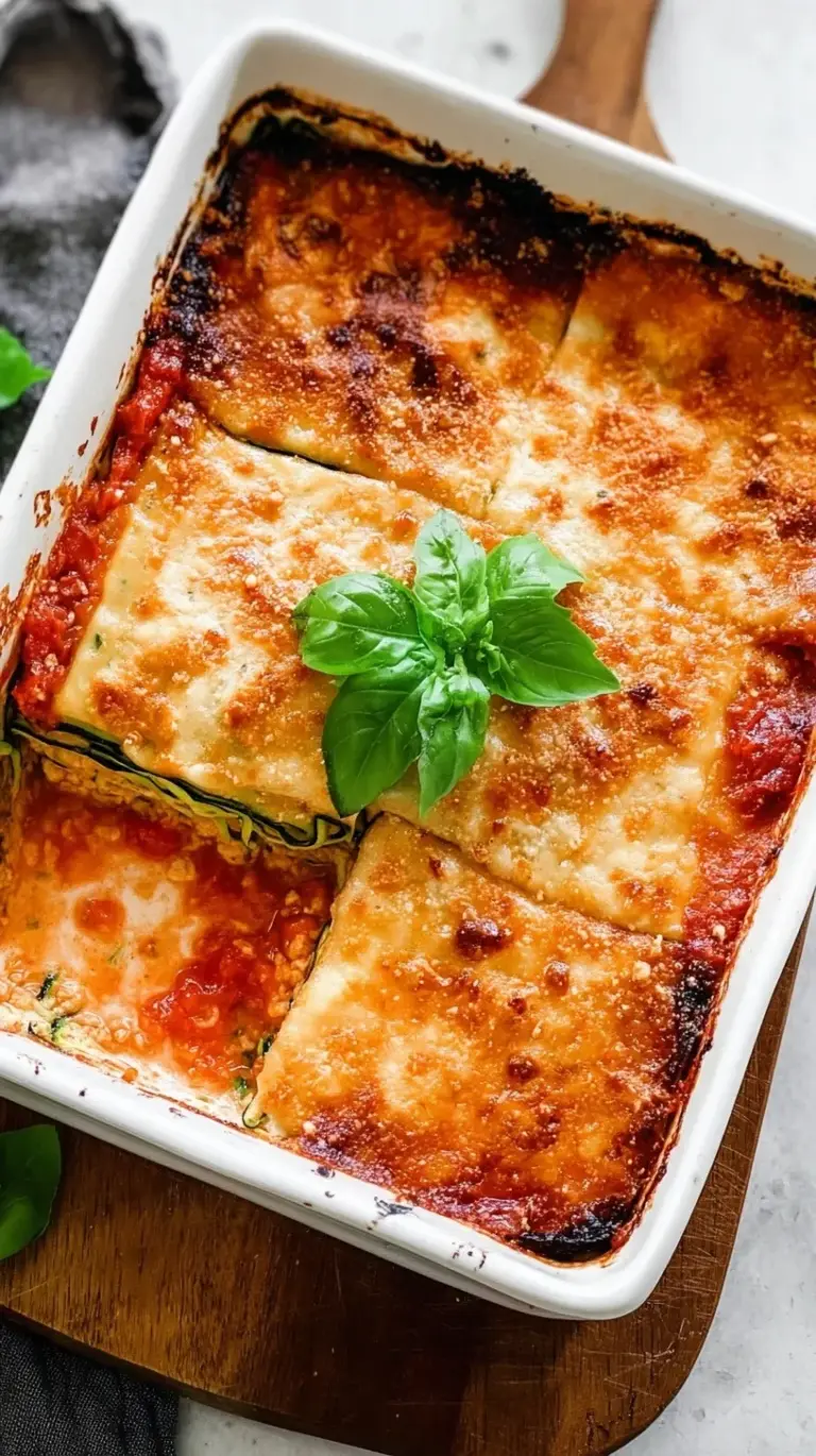A layered tofu lasagna with zucchini noodles and melted vegan cheese in a baking dish.