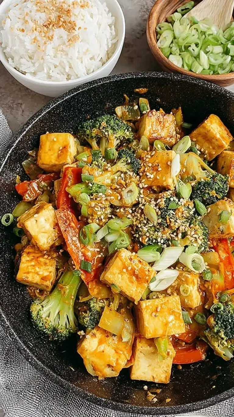 A colorful tofu vegetable stir-fry with broccoli, carrots, and peppers in a peanut sauce