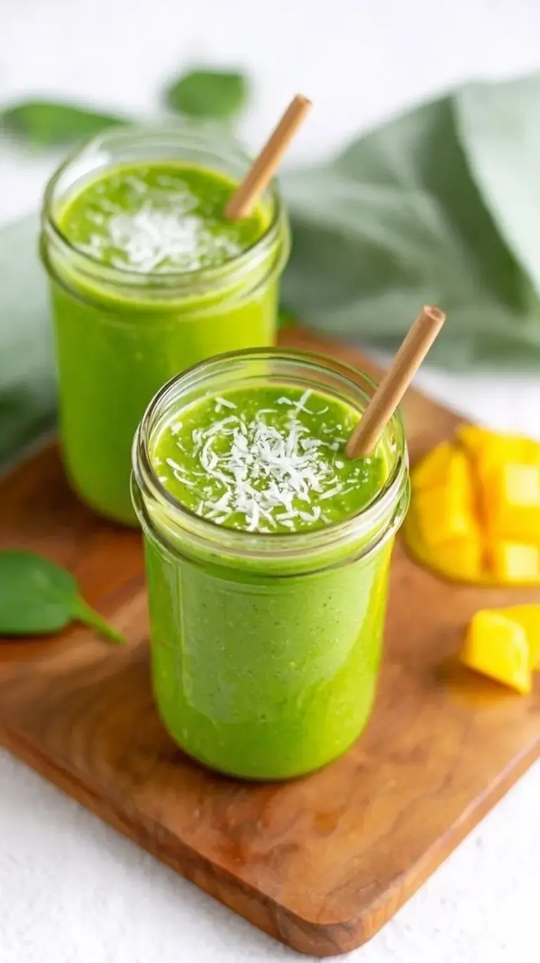 A vibrant green tropical smoothie in a tall glass with a straw on a sunny table.