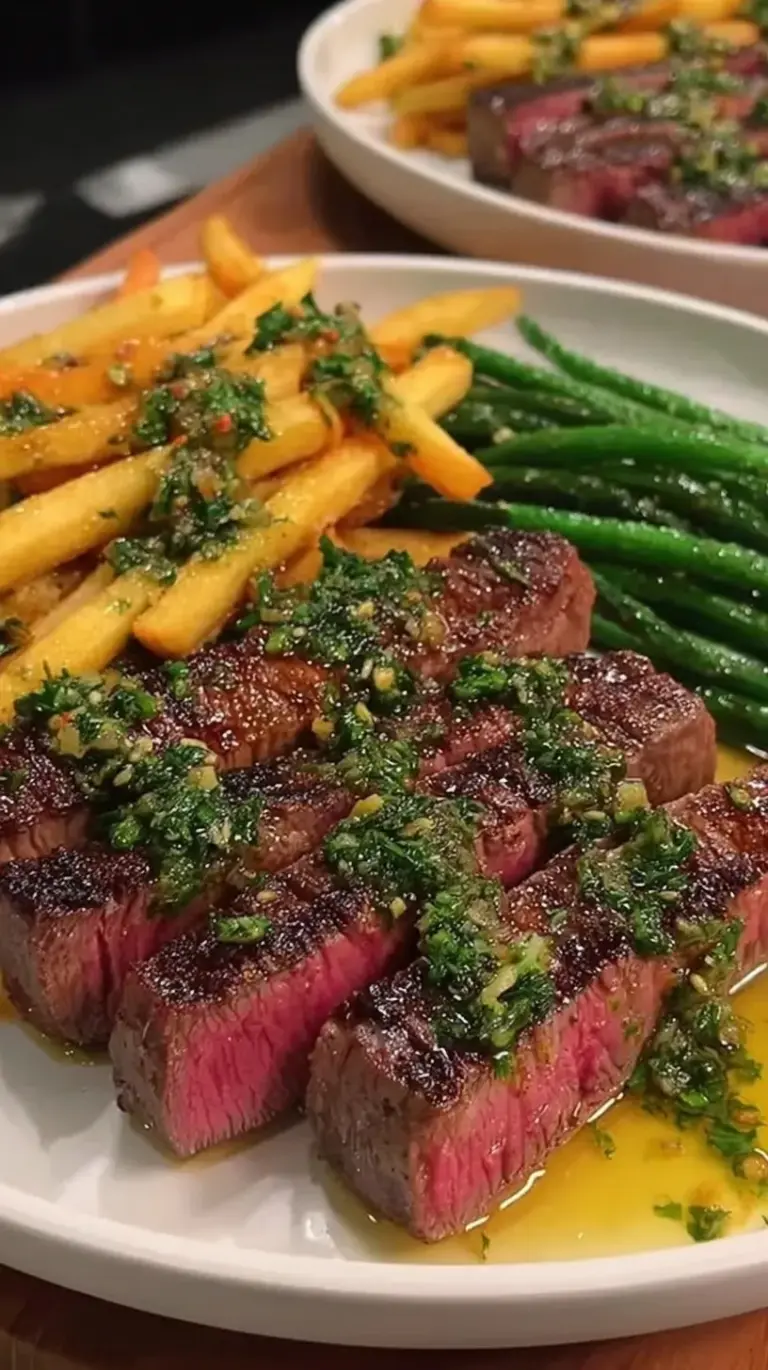 Pan-seared ribeye steak topped with melting truffle butter next to a pile of herb-tossed fries.