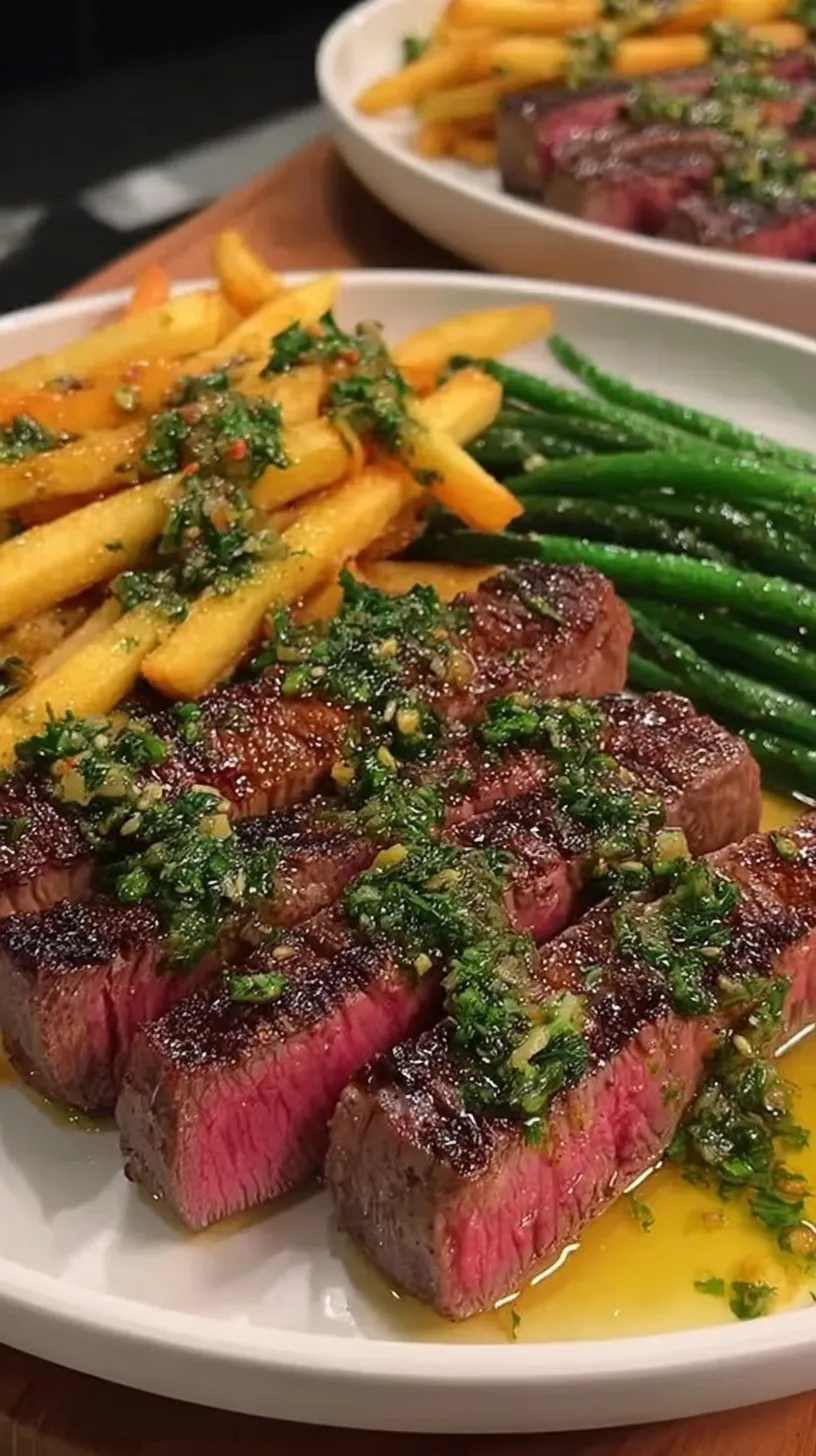 Pan-seared ribeye steak topped with melting truffle butter next to a pile of herb-tossed fries.