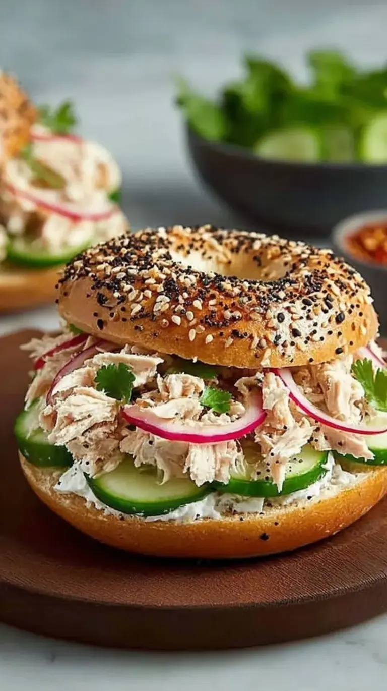 A toasted everything bagel sandwich filled with creamy tuna salad, fresh lettuce, and sliced tomatoes.