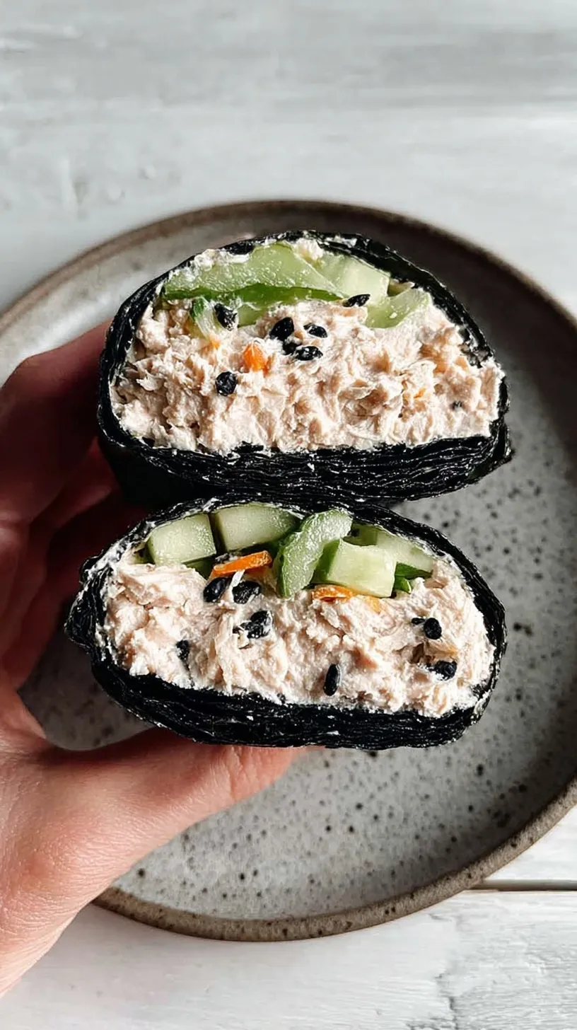A plate of fresh Tuna Salad Nori Wraps with avocado and cucumber