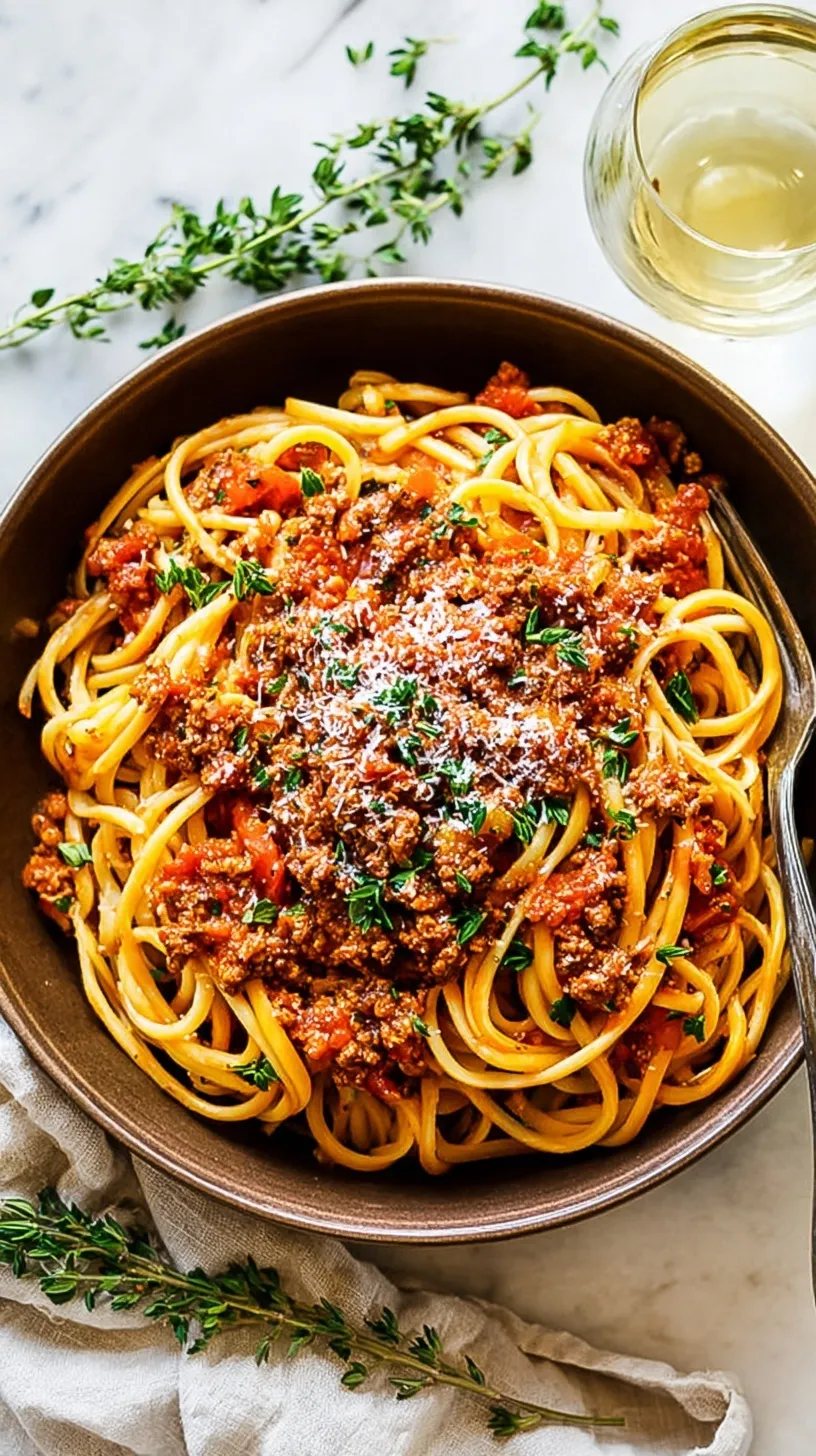 A bowl of pasta topped with rich turkey bolognese sauce and fresh parmesan cheese.