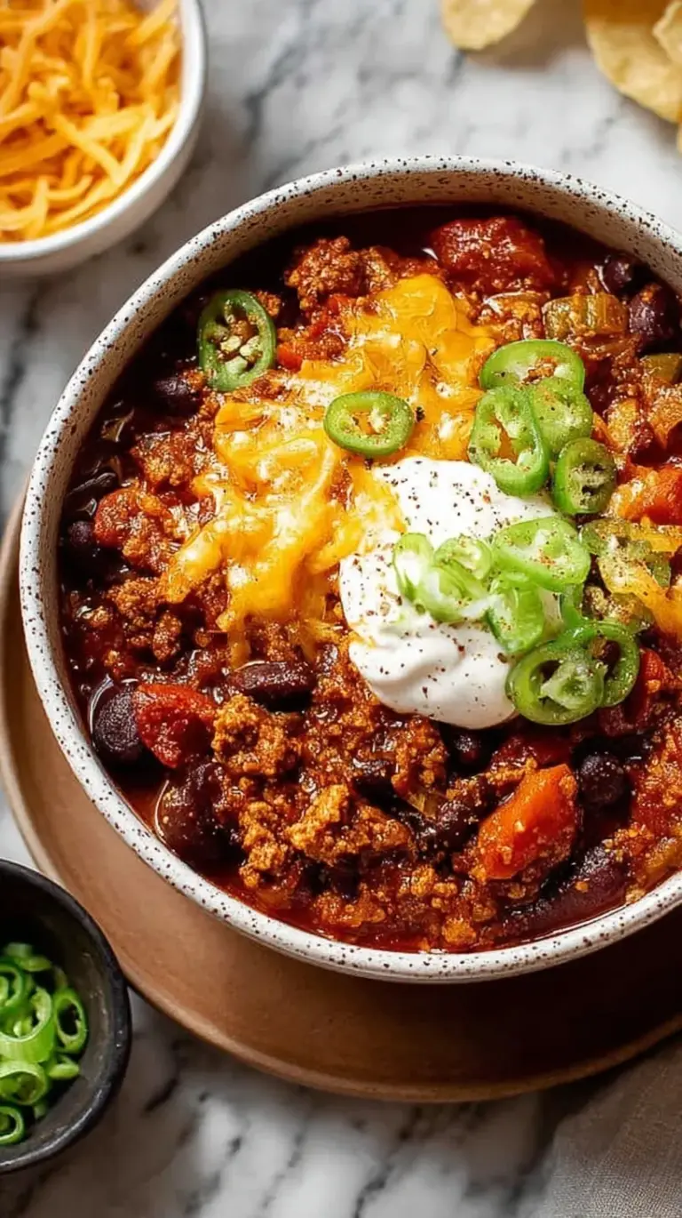 A steaming bowl of healthy turkey chili topped with fresh herbs and Greek yogurt.