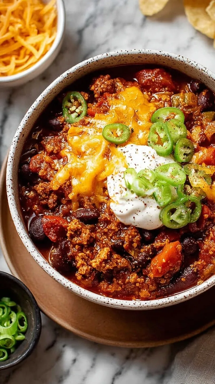 A steaming bowl of healthy turkey chili topped with fresh herbs and Greek yogurt.