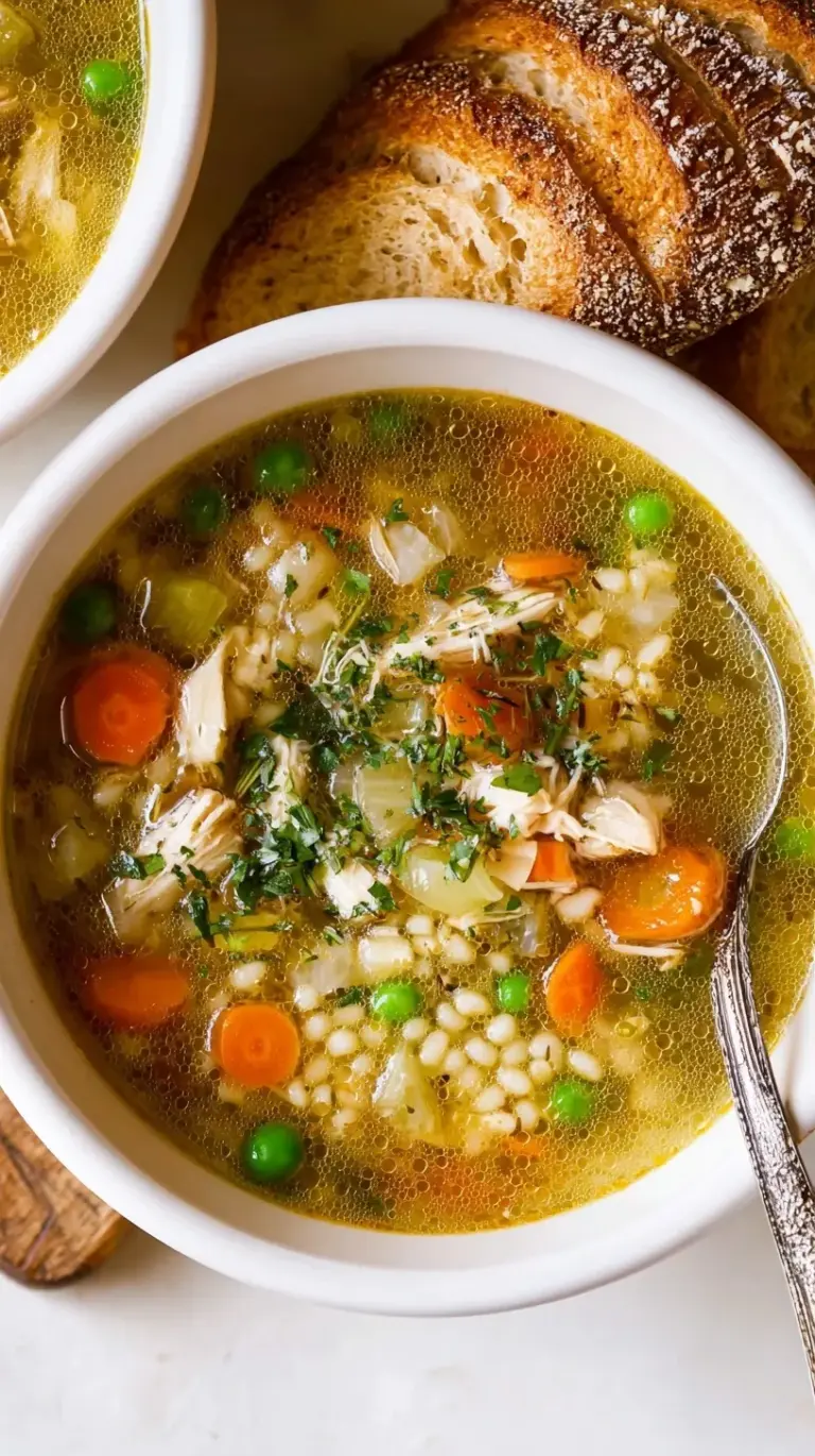 A steaming bowl of turkey noodle soup with bright carrots and fresh parsley
