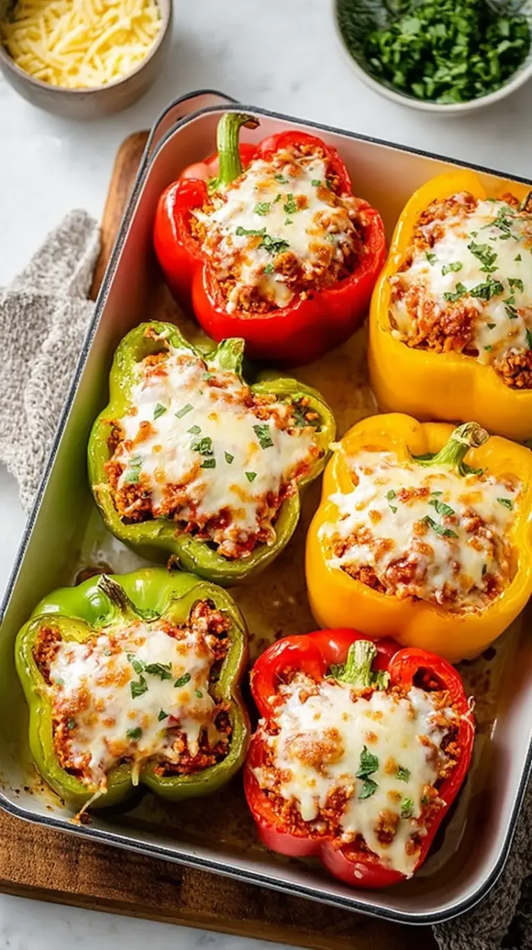 Four colorful bell peppers stuffed with ground turkey, rice, and melted mozzarella cheese in a baking dish.