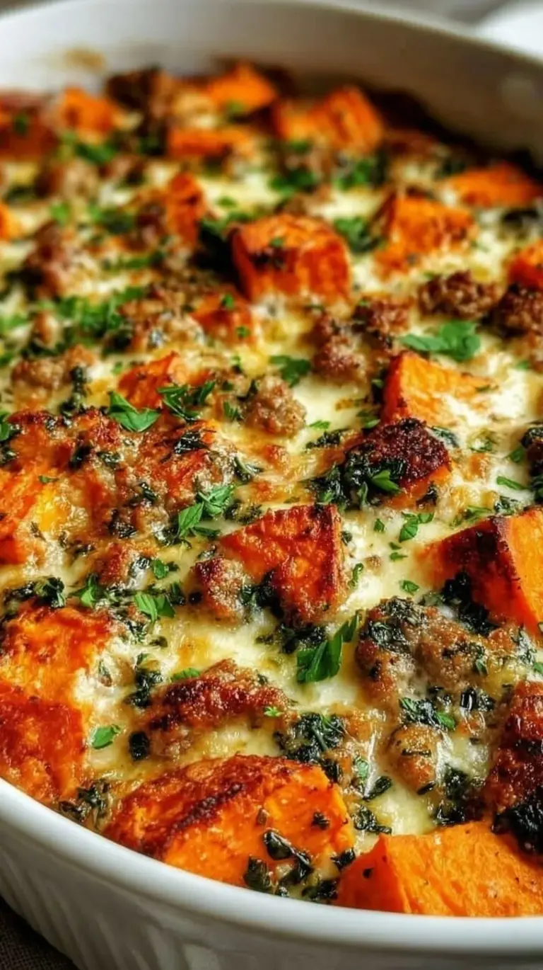 A golden turkey sweet potato bake with melted cheese and fresh cilantro in a baking dish.