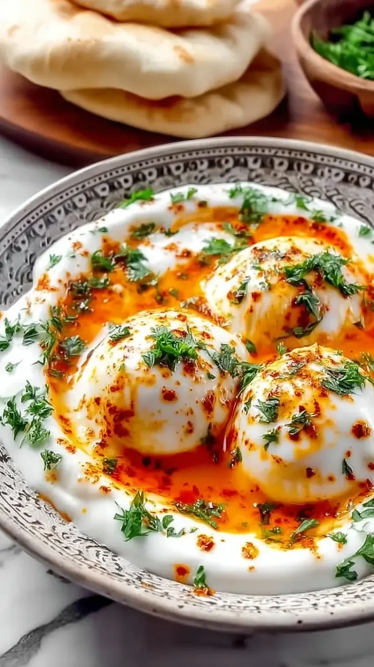 Poached eggs over a thick layer of garlic yogurt topped with red Aleppo pepper butter and fresh dill