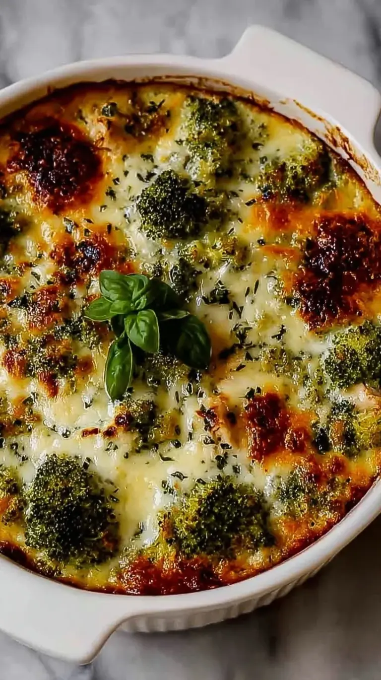 A creamy chicken and broccoli casserole with sun-dried tomatoes and melted mozzarella cheese in a baking dish.