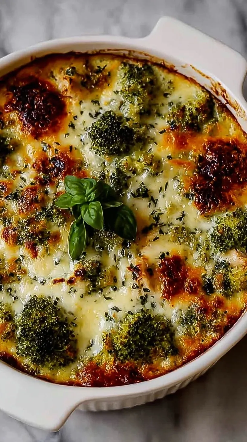A creamy chicken and broccoli casserole with sun-dried tomatoes and melted mozzarella cheese in a baking dish.