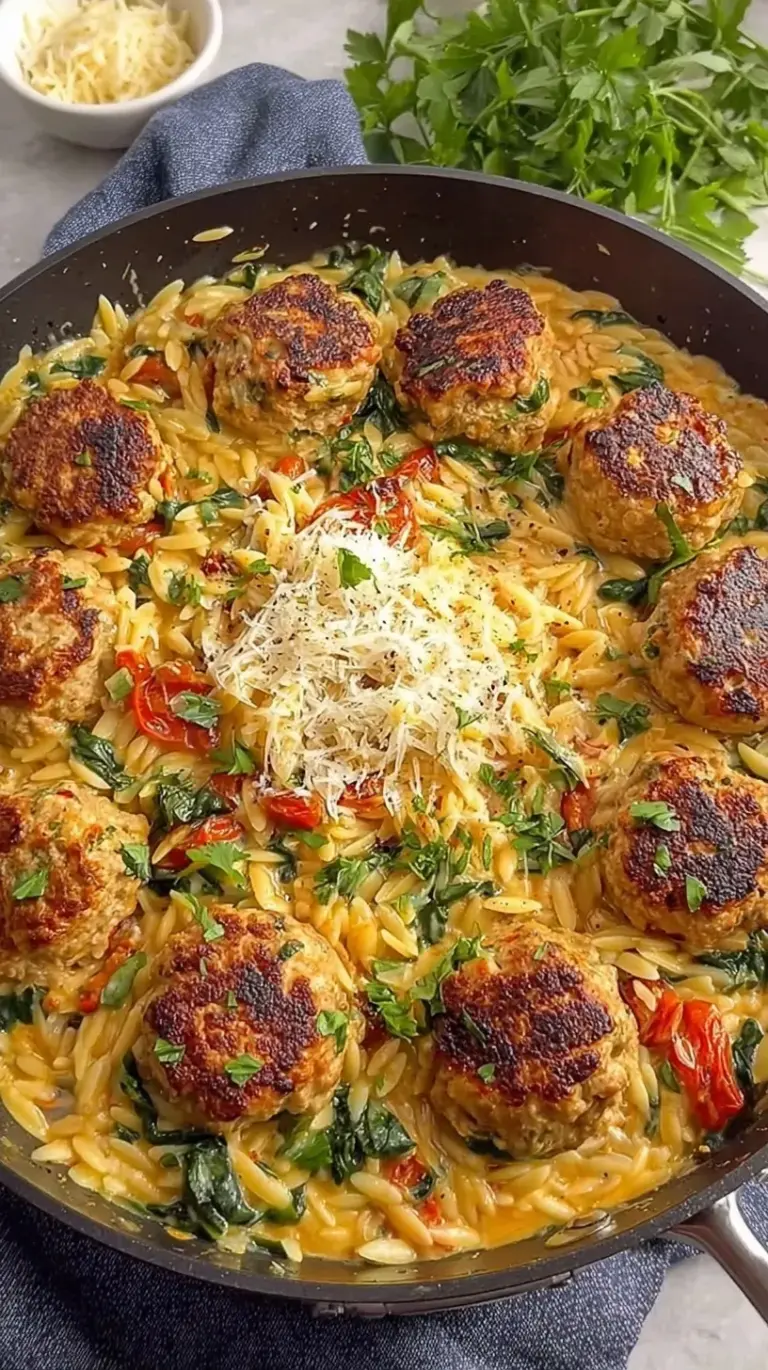 A golden skillet filled with creamy orzo, sun-dried tomatoes, green spinach, and browned chicken meatballs.
