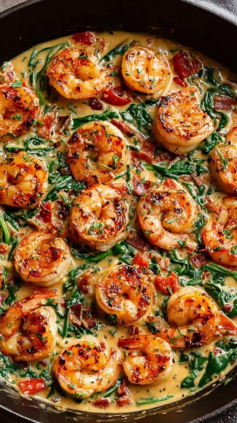 A skillet filled with creamy tuscan shrimp, cherry tomatoes, and fresh spinach in a garlic parmesan sauce.