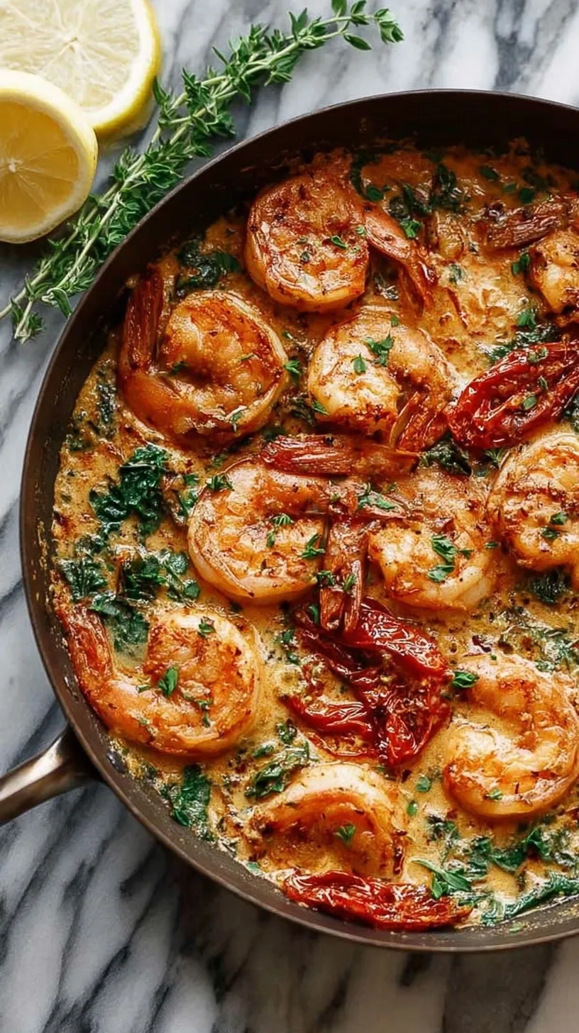 A skillet of creamy Tuscan shrimp with spinach and sun-dried tomatoes garnished with parsley