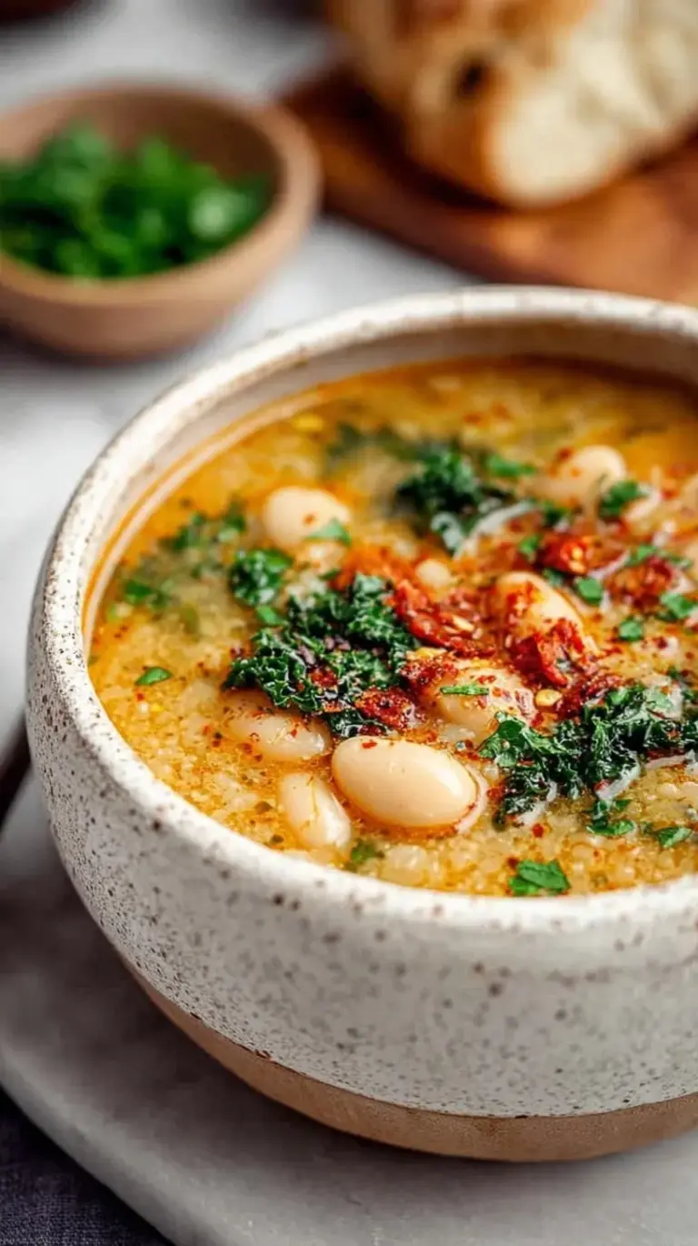 A steaming bowl of Tuscan white bean soup with kale and carrots topped with parmesan cheese.