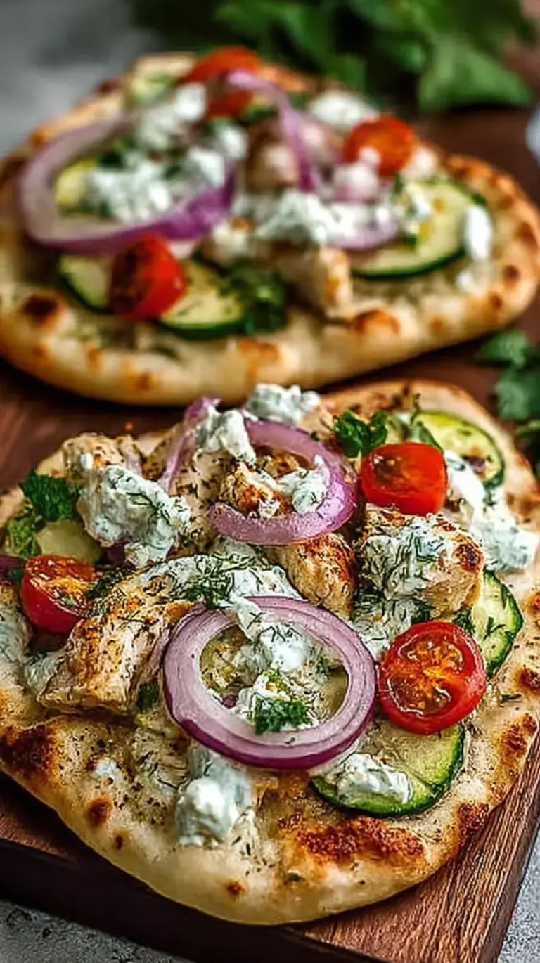 Mediterranean style naan pizza topped with chicken, tzatziki, tomatoes, and fresh cucumber