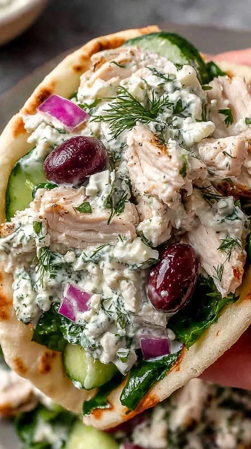 A bowl of creamy Tzatziki Chicken Salad with fresh dill and cucumber slices